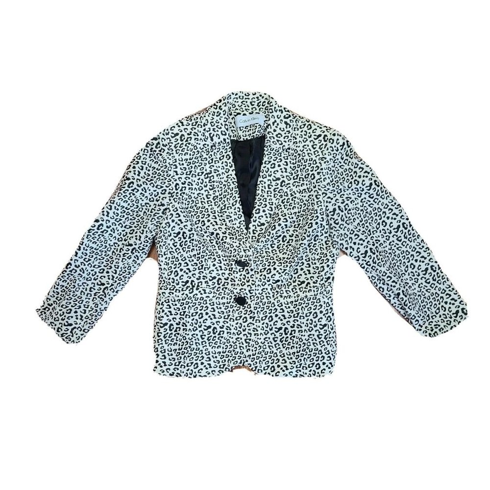 CALVIN‎ KLEIN White Black Animal Print Blazer Jacket Womens Petites Size P